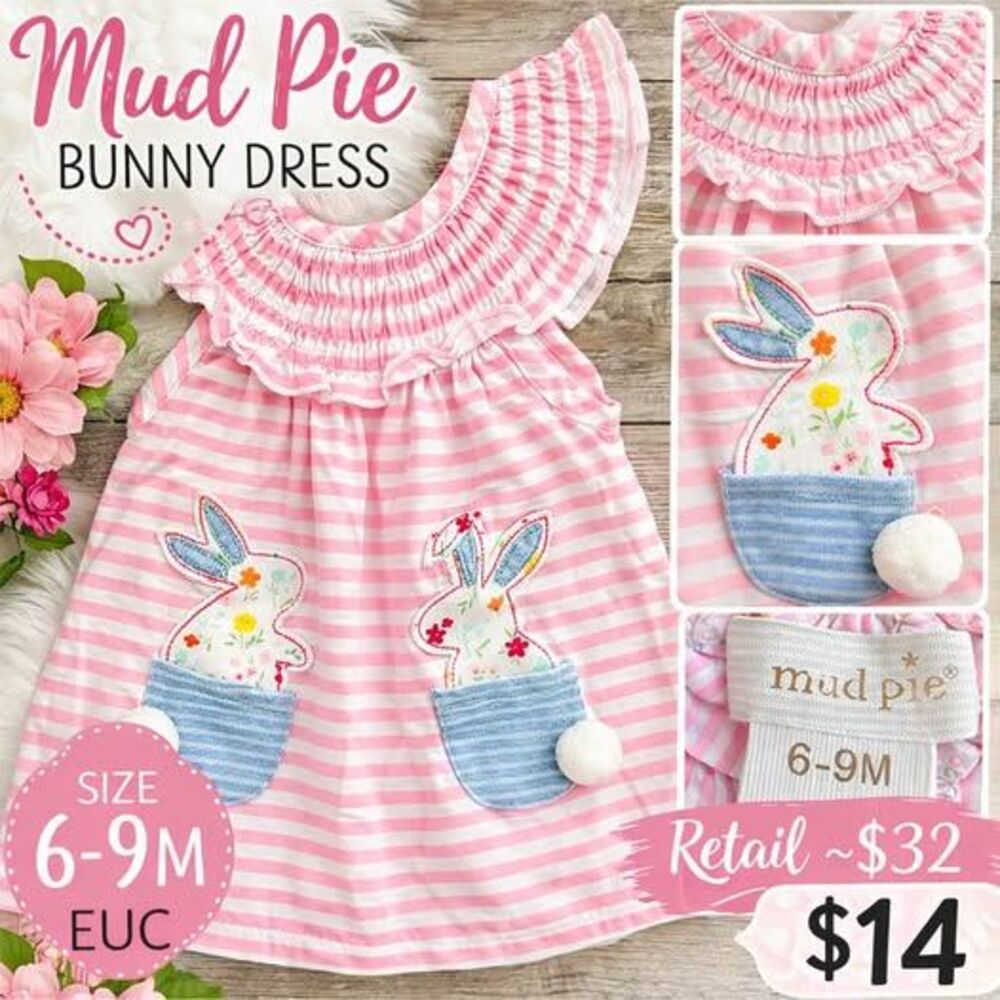 Mud‎ Pie Dress Girls 6-9M Pink Bunny Smocked Ruffle Stripe Easter Applique